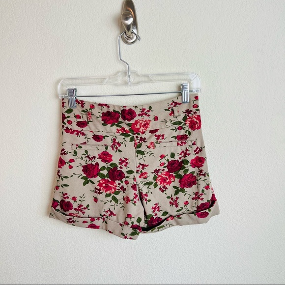 Brown & Pink Floral Tuxedo Button High Waisted Cuffed Shorts - Picture 2 of 8